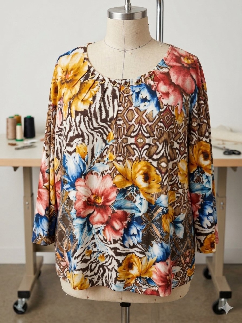 Alfred Dunner Multicolor Floral & Animal Print Tunic - Brown, Yellow, Blue, Pink